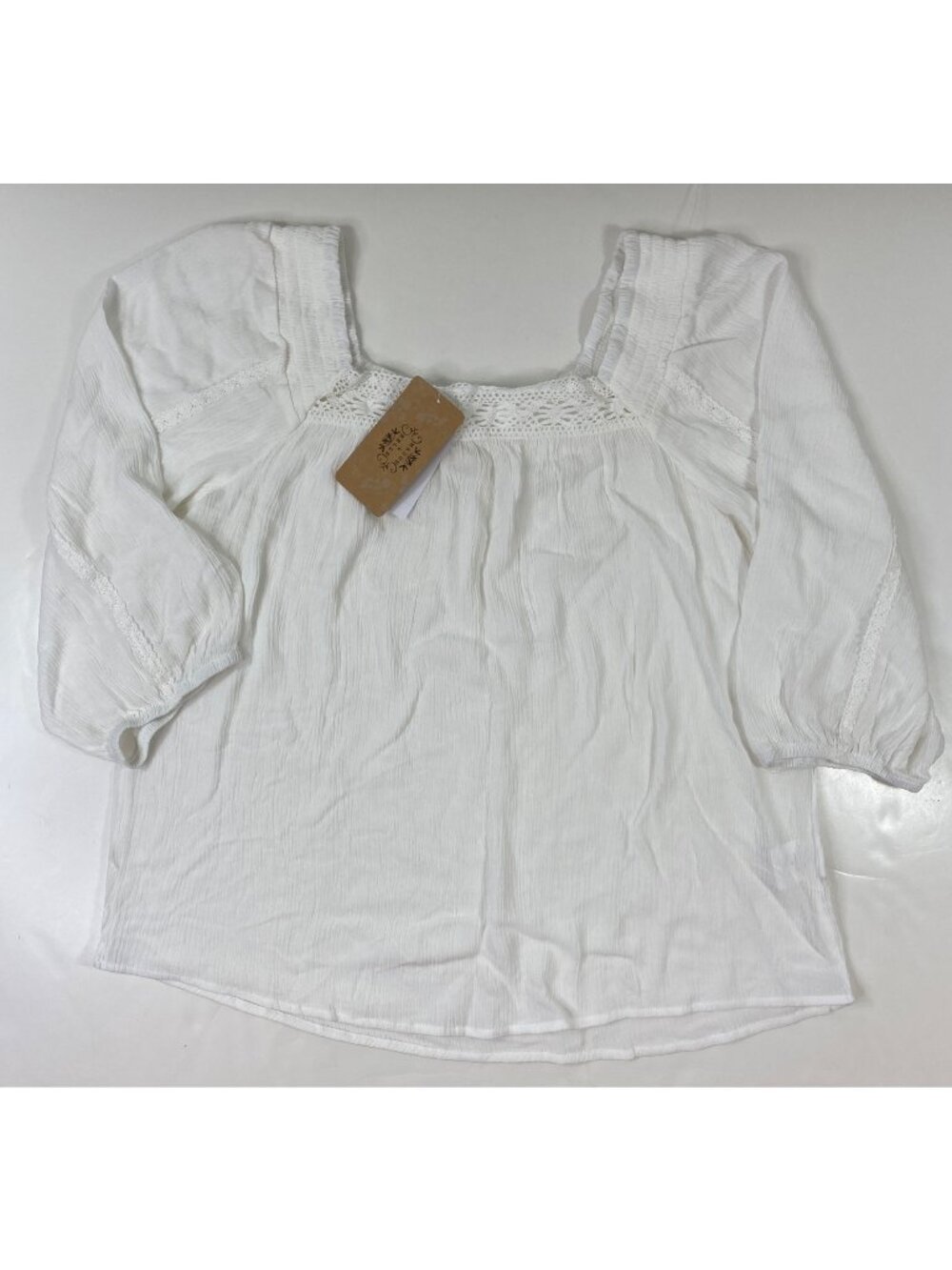 Mason & Belle Womens Peasant Blouse White Lace Details 3/4 Sleeves Boho Size M